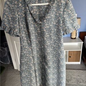 Blue Floral Short-Sleeve Midi Dress